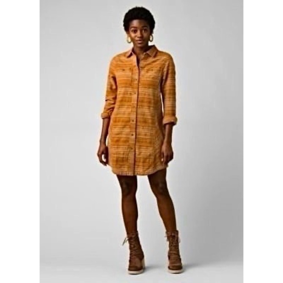 Prana  Dyri Dress Antique Bronze Button Down Aztec Boho Stripes SIZE M - Picture 1 of 7